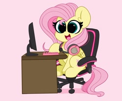 Size: 4096x3413 | Tagged: safe, artist:kittyrosie, fluttershy, pegasus, pony, g4, blushing, chair, computer, cute, desk, female, gamershy, headphones, headset, keyboard, mare, monitor, open mouth, pink background, pusheen, shyabetes, simple background, sitting, smiling, solo