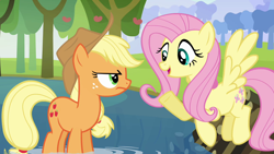 Size: 1280x720 | Tagged: safe, screencap, applejack, fluttershy, earth pony, pegasus, pony, g4, keep calm and flutter on, female, mare