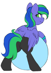 Size: 3539x5000 | Tagged: safe, artist:grapegrass, artist:torihime, oc, oc only, oc:felicity stars, pegasus, pony, bipedal, bipedal leaning, clothes, colored sketch, commission, exercise ball, female, leaning, looking at you, looking back, looking back at you, mare, pants, simple background, solo, white background, wings, ych result, yoga pants