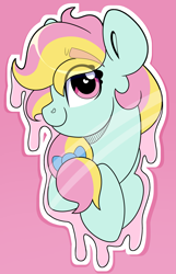 Size: 2579x4000 | Tagged: safe, artist:partypievt, oc, oc only, oc:candy axe, earth pony, pony, bow, bust, colored, gak, goop, hair bow, hatching (technique), high res, looking at you, ponytail, portrait, simple background, solo, sticker, wingding eyes