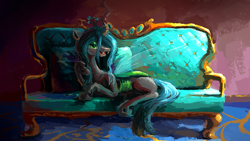 Size: 1281x720 | Tagged: safe, artist:plainoasis, queen chrysalis, changeling, changeling queen, g4, blushing, couch, crown, draw me like one of your french girls, female, green eyes, hair over one eye, horn, jewelry, looking at you, lying down, open mouth, painting, pose, posing for photo, prone, regalia, rug, sharp teeth, side view, smiling, smiling at you, solo, spread wings, teeth, tiara, wings