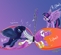 Size: 4000x3600 | Tagged: safe, artist:ser-p, princess celestia, princess luna, twilight sparkle, alicorn, pony, g4, alternate hairstyle, angry horse noises, descriptive noise, electrical current, electrical resistance, electricity, high res, magic, meme, ohm's law, physics, pink-mane celestia, ponified, rope, telekinesis, twilight sparkle (alicorn), voltage