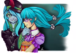 Size: 1280x895 | Tagged: safe, artist:jennobasilicum, juniper montage, queen chrysalis, equestria girls, g4, alternate hairstyle, clothes, duo, equestria girls-ified, eyeshadow, feather, fedora, female, flower, food, glasses, grin, hair over one eye, hat, jacket, leather jacket, makeup, popcorn, rose, shirt, smiling