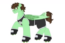 Size: 1280x854 | Tagged: safe, artist:itstechtock, oc, oc only, oc:mint fudge, pegasus, pony, clothes, male, offspring, parent:dumbbell, parent:lightning dust, parents:lightningbell, roller skates, simple background, solo, stallion, tongue out