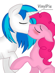 Size: 800x1067 | Tagged: safe, artist:pinkamenascratch, dj pon-3, pinkie pie, vinyl scratch, earth pony, pony, unicorn, g4, blushing, duo, eyes closed, female, holding hooves, kiss on the lips, kissing, lesbian, mare, shipping, simple background, vinylpie, white background