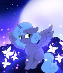 Size: 507x586 | Tagged: safe, artist:pinkamenascratch, princess luna, alicorn, pony, g4, female, filly, flower, full moon, moon, solo, spread wings, wings, woona, younger