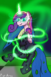 Size: 1000x1500 | Tagged: safe, artist:pixelarrow, queen chrysalis, changeling, changeling queen, pony, g4, disguise, disguised changeling, evil smile, fake cadance, female, glowing eyes, glowing horn, grin, horn, shapeshifting, smiling, transformation
