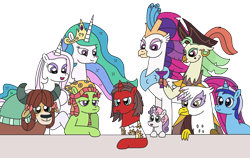 Size: 3264x2059 | Tagged: safe, artist:supahdonarudo, captain celaeno, fleur-de-lis, gilda, minuette, princess celestia, queen novo, sweetie belle, tree hugger, yona, oc, oc:ironyoshi, alicorn, classical hippogriff, earth pony, griffon, hippogriff, parrot pirates, pony, unicorn, yak, mlp fim's tenth anniversary, g4, my little pony: the movie, bow, clothes, ear piercing, earring, glass, happy birthday mlp:fim, hat, high res, hoof on chin, jewelry, monkey swings, piercing, pirate, pirate hat, raised hoof, shirt, simple background, transparent background, wine glass