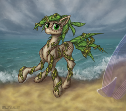 Size: 5040x4416 | Tagged: safe, artist:eltaile, oc, oc only, oc:holo limu, pony, beach, bodypaint, cloud, fangs, female, horizon, ocean, sand, scar, seaweed, solo, surfboard, tattoo, tribal, wave