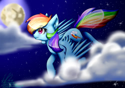 Size: 1700x1200 | Tagged: safe, artist:derpfacederpy, rainbow dash, pegasus, pony, g4, cloud, female, flying, mare in the moon, moon, night, solo