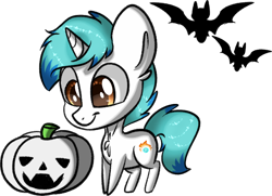 Size: 1490x1081 | Tagged: safe, oc, oc only, oc:snowy blue, bat, pony, unicorn, bats!, g4, chest fluff, cute, male, ocbetes, pumpkin, simple background, solo, stallion, transparent background, white fur