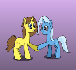 Size: 1600x1476 | Tagged: safe, artist:platinumdrop, trixie, oc, oc:grapefruit face, pony, unicorn, g4, canon x oc, female, gradient background, grapexie, male, request, shipping, simple background, straight