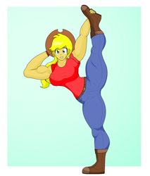 Size: 1859x2184 | Tagged: safe, artist:matchstickman, applejack, human, g4, applejacked, blue background, breasts, busty applejack, clothes, cowboy hat, hat, humanized, looking at you, muscles, out of frame, pants, passepartout, pose, simple background, solo, stetson