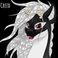 Size: 1080x1080 | Tagged: safe, artist:creed larsen, oc, original species, pony, caption, fangs, image macro, long mane, open mouth, pearl horns, sea creature, simple background, text