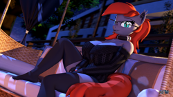 Size: 1920x1080 | Tagged: safe, artist:anthroponiessfm, oc, oc:grem, bat pony, anthro, plantigrade anthro, 3d, anthro oc, bat pony oc, bat wings, big breasts, breasts, cleavage, clothes, collar, cute, female, glasses, gloves, long socks, looking at you, socks, source filmmaker, stocking feet, sweater, thigh highs, wings