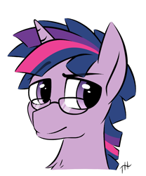 Size: 1250x1500 | Tagged: safe, artist:fakskis, twilight sparkle, pony, unicorn, g4, bust, chest fluff, dusk shine, eyebrows, eyebrows visible through hair, glasses, horn, looking at you, male, rule 63, simple background, smiling, solo, stallion, white background