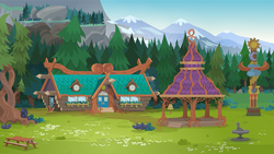 Size: 791x445 | Tagged: safe, equestria girls, g4, my little pony equestria girls: legend of everfree, background, bell, building, camp everfree, forest, forest background, gazebo, intertwined trees, mountain, mountain range, no pony, picnic table, scenery, sundial, table, totem pole, tree