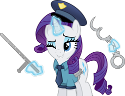 Size: 4566x3532 | Tagged: safe, artist:anime-equestria, rarity, pony, unicorn, g4, clothes, cuffs, eyeshadow, fashion police, female, happy, hat, horn, levitation, magic, makeup, mare, necktie, nightstick, one eye closed, police, police officer, police uniform, pouch, raricop, simple background, smiling, solo, sparkles, telekinesis, tonfa, transparent background, vector, wink