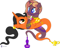 Size: 4964x4000 | Tagged: safe, artist:parclytaxel, oc, oc only, oc:amani, oc:zirithustra, genie, genie pony, pony, unicorn, .svg available, absurd resolution, bottle, bracelet, bridle, collar, dancing, ear piercing, earring, female, floating, holding a pony, horn, horn ring, jewelry, lying down, mare, monthly reward, neck rings, on back, piercing, ponytail, ring, saddle, simple background, smiling, tack, transparent background, vector, wrist cuffs