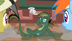 Size: 3843x2202 | Tagged: safe, artist:badumsquish, derpibooru exclusive, part of a set, daring do, quibble pants, rainbow dash, hybrid, monster pony, pegasus, pony, reptile, g4, stranger than fan fiction, cipactli pony, dialogue, eggshell, female, hat, high res, implied cipactli, implied oviposition, implied transformation, interspecies, long tail, male, scared, show accurate, sitting, slime, species swap, surprised, transformation, unaware