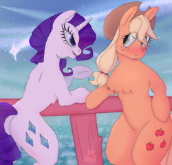 Size: 1280x1229 | Tagged: safe, artist:ihniyart, applejack, rarity, g4, blushing, female, lesbian, ship:rarijack, shipping, shooting star