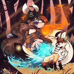 Size: 2000x2000 | Tagged: safe, artist:jxst-starly, oc, oc:yasy, fox, pegasus, pony, bandage, body markings, clothes, falling leaves, fence, fire, fire magic, flowing mane, fluffy, fluffy tail, forest, forest background, grass, grass field, grassy field, high res, jewelry, leaves, long hair, long mane, long tail, magic, markings, necklace, pegasus oc, ponimal, rock, scarf, tree, tree trunk, water, water magic, wings, yellow grass