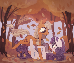 Size: 1280x1097 | Tagged: safe, artist:jademoona, applejack, rarity, earth pony, pony, unicorn, g4, applejack's hat, autumn, cowboy hat, cute, falling leaves, female, hat, horn, leaves, lesbian, looking at each other, mare, ship:rarijack, shipping, tree