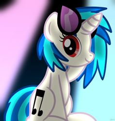 Size: 6244x6600 | Tagged: safe, artist:agkandphotomaker2000, dj pon-3, vinyl scratch, pony, unicorn, g4, cute, looking at you, red eyes, show accurate, simple background, sitting, solo, strobe lights, vinyl's glasses, vinylbetes