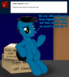 Size: 7200x8088 | Tagged: safe, artist:agkandphotomaker2000, oc, oc:pony video maker, pegasus, pony, tumblr:pony video maker's blog, ask, bipedal, bipedal leaning, box, dialogue, hallway, leaning, nightmare night, ornaments, ready, resting, show accurate, simple background, tumblr