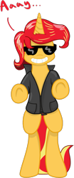 Size: 495x1192 | Tagged: safe, artist:nano23823, sunset shimmer, pony, unicorn, g4, .svg available, bipedal, clothes, female, greaser, grin, mare, simple background, smiling, solo, sunglasses, svg, the fonz, transparent background, underhoof, vector
