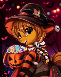 Size: 2550x3209 | Tagged: safe, artist:pridark, part of a set, oc, oc only, oc:zip circuit, pony, candy, clothes, commission, food, halloween, hat, high res, holiday, jack-o-lantern, nightmare night, open mouth, pumpkin, socks, solo, striped socks, witch hat, ych result