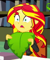 Size: 363x432 | Tagged: safe, screencap, sunset shimmer, epic fails, equestria girls, g4, my little pony equestria girls: summertime shorts, cropped, leaf, solo, sunset wants her old digestive system back