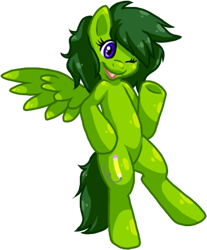 Size: 435x525 | Tagged: safe, artist:fizzy-dog, oc, oc only, oc:lemonade, pegasus, pony, bipedal, open mouth, pegasus oc, simple background, smiling, solo, transparent background, underhoof, wings