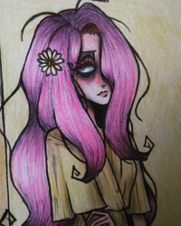 Size: 1080x1350 | Tagged: safe, alternate version, artist:sra_pinheiro_666, fluttershy, human, g4, bust, clothes, female, flower, flower in hair, humanized, makeup, solo, traditional art