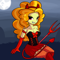 Size: 3000x3000 | Tagged: safe, artist:tjpones, adagio dazzle, equestria girls, g4, boots, bow, breasts, busty adagio dazzle, cleavage, clothes, corset, costume, devil costume, devil horns, evening gloves, fishnet stockings, full moon, gloves, halloween, halloween costume, high res, holiday, long gloves, looking at you, moon, pitchfork, shoes, skirt, smiling, solo, spaded tail