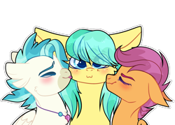Size: 3500x2500 | Tagged: safe, artist:bublebee123, barley barrel, scootaloo, terramar, hippogriff, pegasus, pony, g4, :p, alternate hairstyle, bisexual, bisexual female, cheek kiss, eyes closed, female, filly, high res, jewelry, kiss sandwich, kissing, lesbian, lesbian in front of boys, male, necklace, polyamory, ship:barleyloo, ship:barleymar, ship:barleyterraloo, ship:terraloo, shipping, simple background, straight, tongue out, transparent background