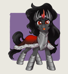 Size: 2362x2600 | Tagged: safe, artist:taytinabelle, king sombra, pony, unicorn, g4, :p, armor, armored legs, armored pony, boots, cape, chestplate, clothes, colored horn, crown, curved horn, cute, female, high res, horn, jewelry, looking at you, mare, queen umbra, regalia, rule 63, rule63betes, shoes, simple background, smiling, solo, tongue out, umbradorable, wide stance