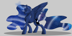 Size: 3000x1500 | Tagged: safe, artist:toptian, princess luna, alicorn, pony, g4, ethereal mane, eyes closed, female, glowing horn, horn, mare, simple background, solo, starry mane