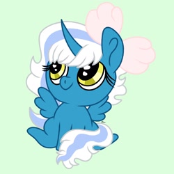 Size: 2048x2048 | Tagged: safe, artist:rmv-art, oc, oc only, oc:fleurbelle, alicorn, pony, adorabelle, adorable face, alicorn oc, big eyes, bow, chibi, cute, female, green background, hair bow, heart eyes, high res, horn, mare, simple background, solo, wingding eyes, wings, yellow eyes