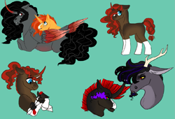 Size: 1045x709 | Tagged: safe, artist:d3pressedr4inbow, king sombra, sunburst, oc, oc:broken heart, oc:kairos, oc:sunstar, alicorn, draconequus, hybrid, pony, unicorn, g4, alicornified, baby, baby pony, brother and sister, bust, coat markings, colt, cuddling, eye mist, female, filly, gay, green background, holding a pony, interspecies offspring, lying down, magical gay spawn, male, male pregnancy, offspring, parent:discord, parent:king sombra, parent:sunburst, parent:twilight sparkle, parents:discolight, parents:somburst, pregnant, race swap, shipping, siblings, simple background, socks (coat markings), sombracorn, somburst, stallion