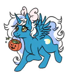 Size: 290x304 | Tagged: safe, artist:beansfish, oc, oc only, oc:fleurbelle, alicorn, pony, adorabelle, alicorn oc, bow, candy, chibi, cute, female, food, hair bow, horn, mare, pumpkin bucket, simple background, solo, transparent background, wings, yellow eyes