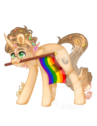 Size: 783x1020 | Tagged: safe, artist:silentwolf-oficial, oc, oc only, pony, unicorn, gay pride flag, horn, mouth hold, pride, pride flag, signature, simple background, solo, transparent background, unicorn oc, watermark