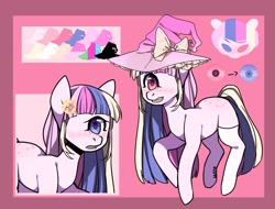 Size: 2560x1950 | Tagged: safe, oc, oc only, cyclops pony, pony, duo, flower, flower in hair, hat, reference sheet, witch hat