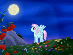 Size: 4000x3000 | Tagged: safe, artist:uteuk, wind whistler, pegasus, pony, g1, g4, female, flower, g1 to g4, generation leap, mare, moon, rose, solo
