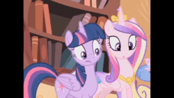 Size: 600x338 | Tagged: safe, screencap, discord, princess cadance, twilight sparkle, alicorn, bee, insect, pony, g4, season 4, three's a crowd, :o, animated, cropped, crown, cute, cutedance, duo focus, female, gif, glass of water, golden oaks library, jewelry, letterboxing, mare, necklace, open mouth, regalia, sisters-in-law, twiabetes, twilight sparkle (alicorn)