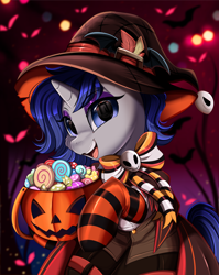 Size: 2550x3209 | Tagged: safe, artist:pridark, part of a set, oc, oc only, oc:moonlit silver, pony, unicorn, candy, clothes, commission, food, halloween, hat, high res, holiday, jack-o-lantern, open mouth, pumpkin, socks, solo, striped socks, witch hat, ych result