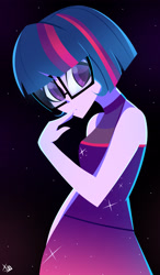 Size: 1875x3216 | Tagged: safe, artist:xan-gelx, sci-twi, twilight sparkle, equestria girls, g4, alternate hairstyle, clothes, cute, dress, finger to mouth pose, glasses, meganekko, night, night sky, short hair, sky, sleeveless, solo, sparkles, stars, twiabetes