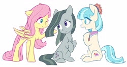 Size: 4096x2161 | Tagged: safe, artist:chub-wub, coco pommel, fluttershy, marble pie, earth pony, pegasus, pony, g4, cocobetes, cute, female, floppy ears, folded wings, high res, hooves to the chest, looking at each other, looking at someone, marblebetes, mare, one eye closed, open mouth, raised hoof, shyabetes, simple background, sitting, smiling, standing, the council of shy ponies, trio, trio female, white background, wings, wink