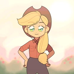 Size: 1200x1200 | Tagged: dead source, safe, artist:chapaghettii, applejack, equestria girls, g4, cute, female, hand on hip, jackabetes, looking at you, no pupils, solo