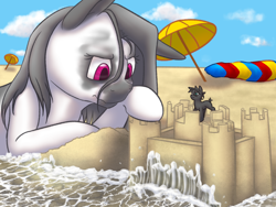 Size: 1600x1200 | Tagged: safe, artist:causticeichor, oc, oc:inkenel, oc:oretha, pony, attack on pony, attack on titan, beach, colossal titan, eren jaeger, macro, micro, sandcastle, size difference